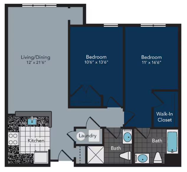 A floor plan of a small apartment with a living/dining area